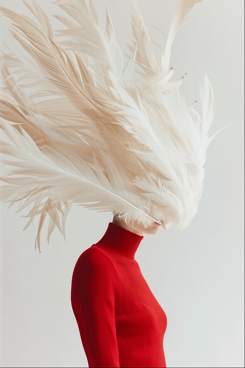 Visuel beauté produit par IA : coiffe de plumes blanches en mouvement, col roulé rouge