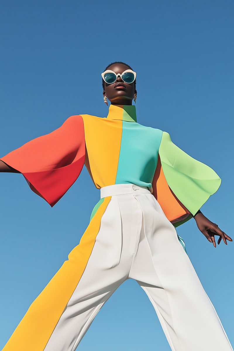 Photo de mode générée par IA : blouse color block et pantalon blanc, contre-plongée sur ciel