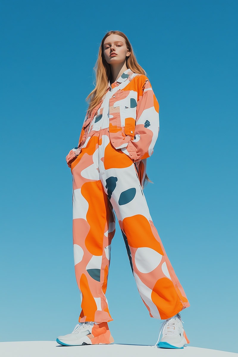 Silhouette de mode en combinaison imprimée, contre-plongée sur ciel bleu, image de synthèse