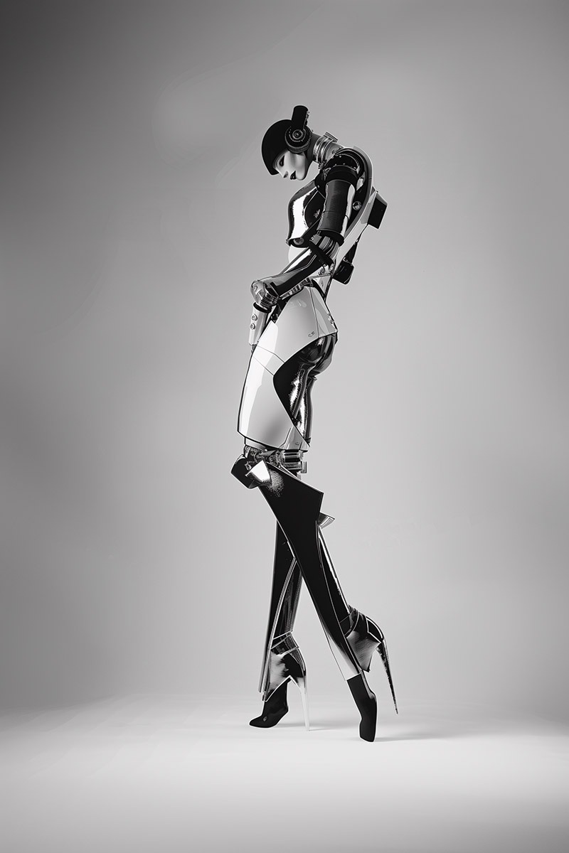 Silhouette de mode futuriste générée par IA, pièces chromées et laquées sur fond studio
