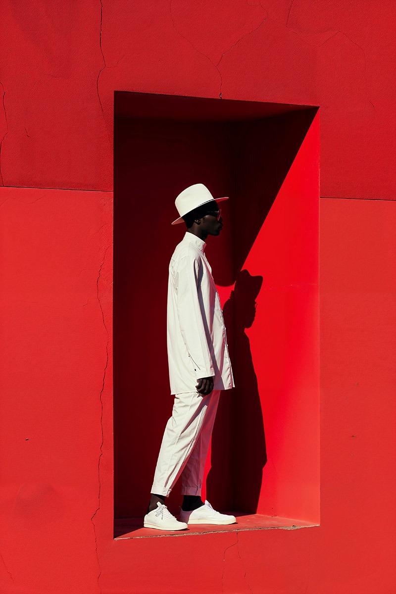 Mode masculine générée par IA : total look écru dans une niche murale rouge, lumière dure