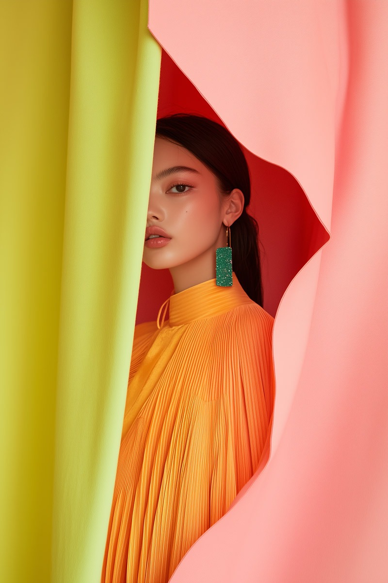 Photo de mode générée par IA : mannequin en plissé orange apparaissant entre deux drapés