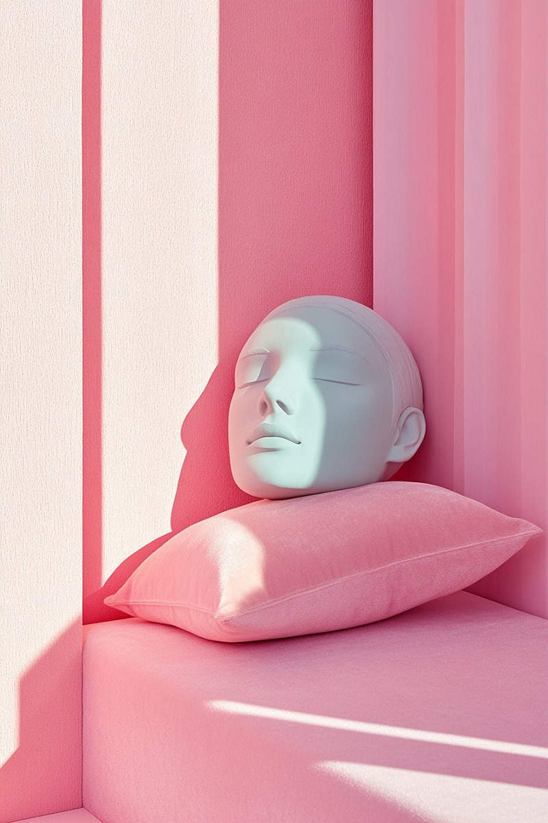 Nature morte produite par IA : buste de plâtre sur un coussin, camaïeu de roses