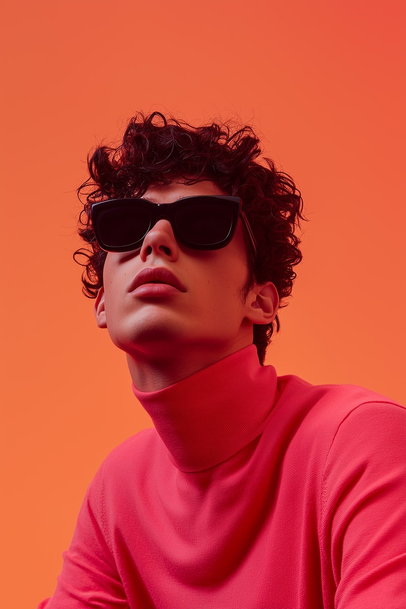 Portrait masculin généré par IA, lunettes noires et col roulé corail sur fond orange monochrome