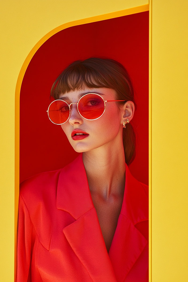 Portrait généré par IA : lunettes rondes teintées et veste rouge dans une découpe jaune