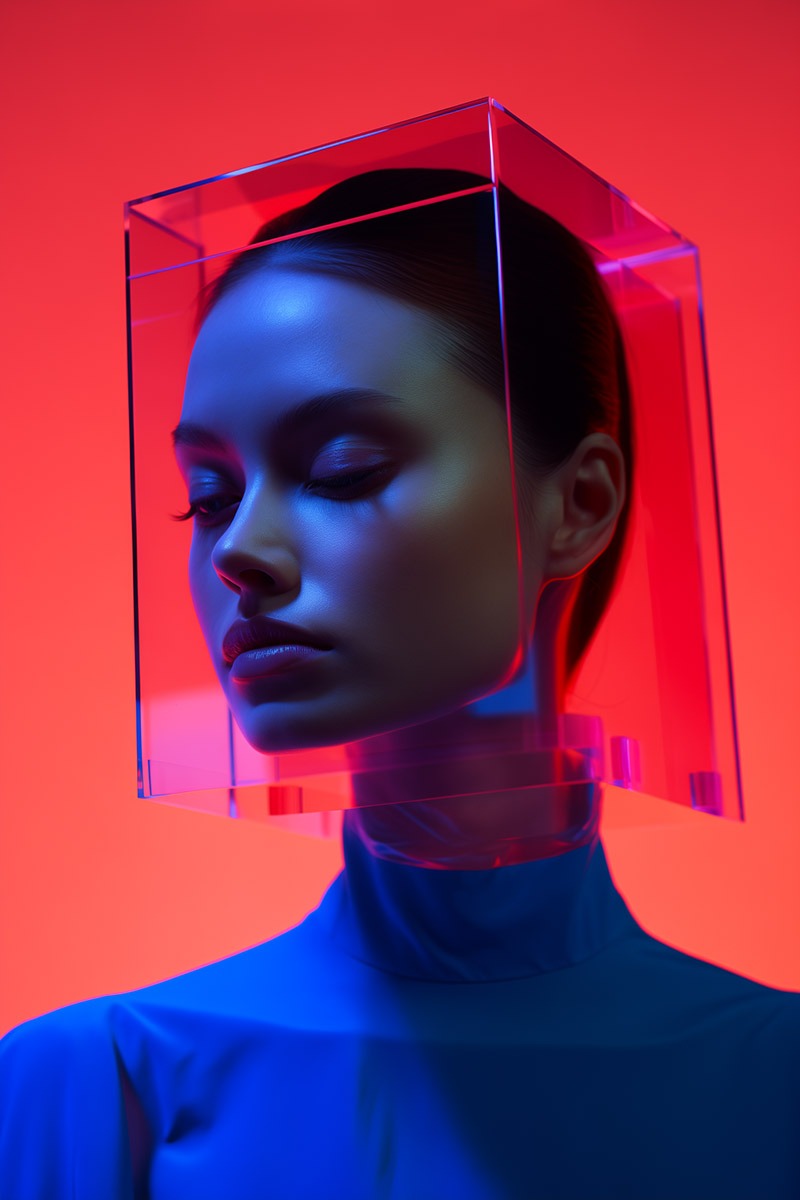 Portrait de mode généré par IA : visage encadré d'un cube d'acrylique translucide, éclairage bicolore rouge et bleu
