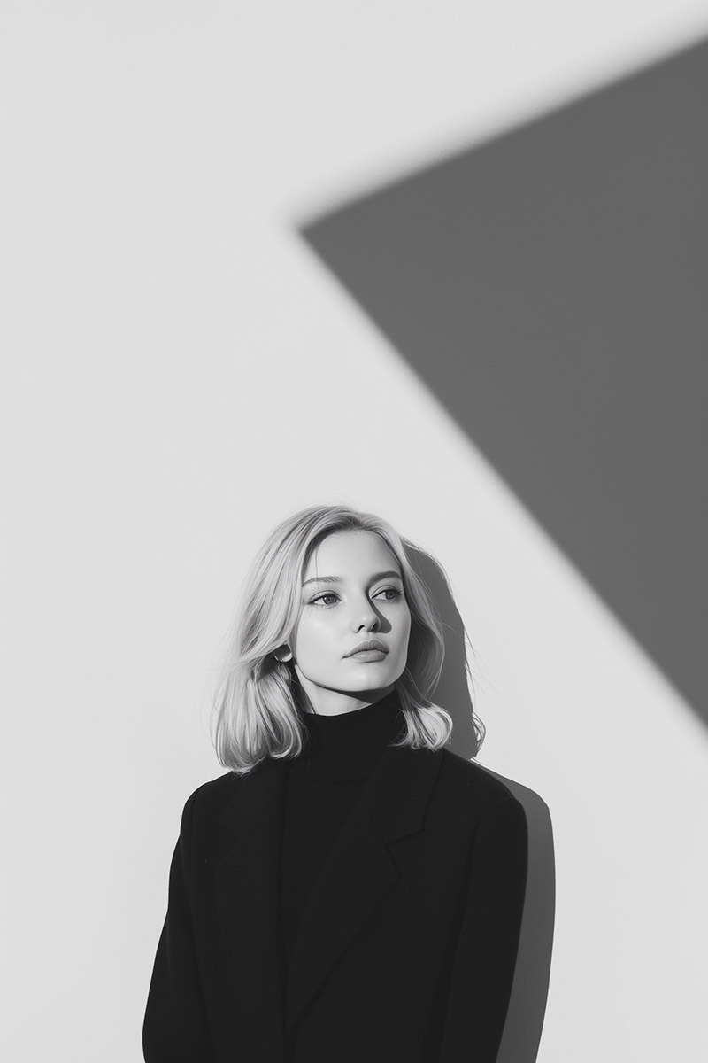 Portrait noir et blanc généré par IA, manteau sombre et ombre géométrique sur mur clair