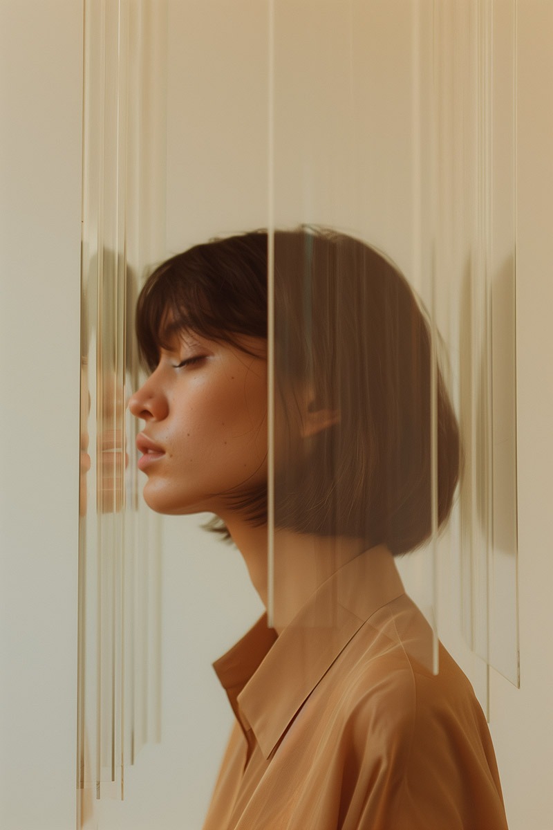 Portrait de profil généré par IA, dédoublé derrière des voiles transparents, camaïeu beige