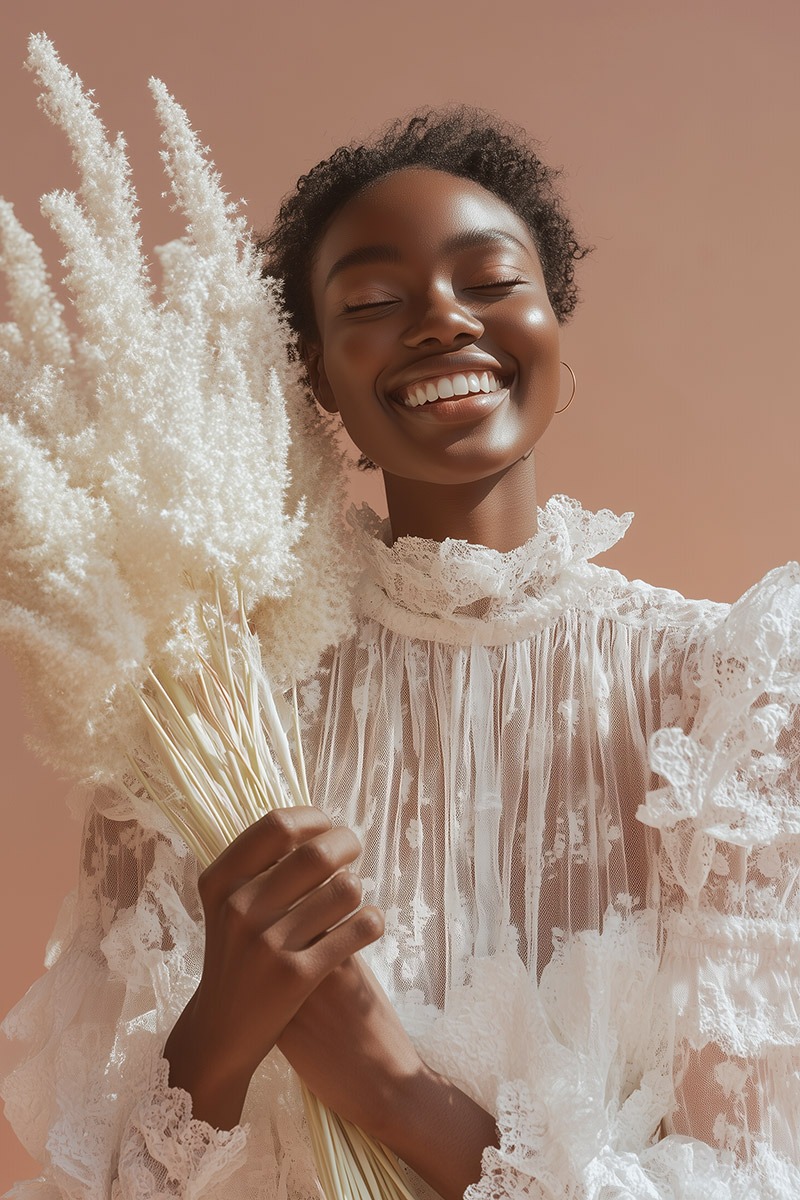 Portrait lumineux généré par IA : blouse de dentelle blanche et bouquet de fleurs séchées