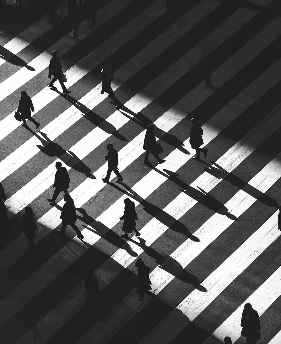 Scène urbaine en image de synthèse : vue aérienne d'un passage piéton en contre-jour