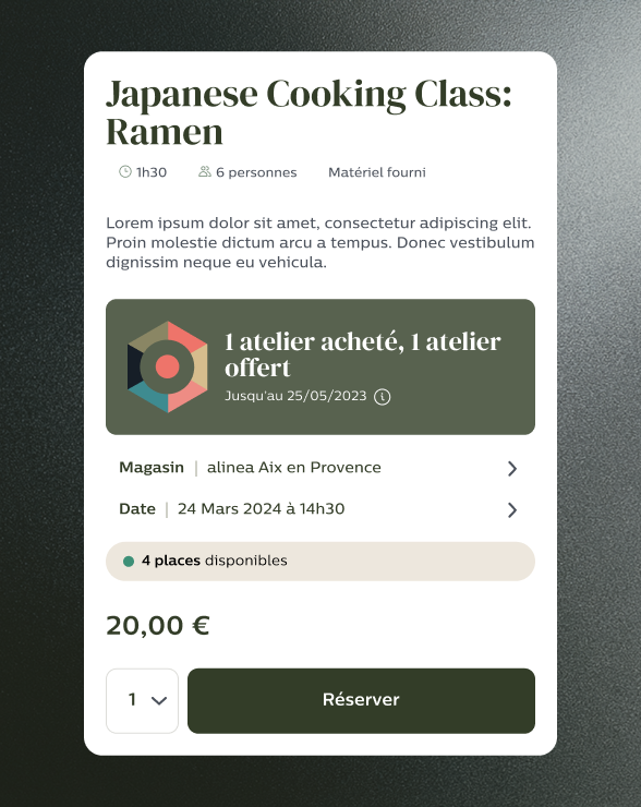 Alinea, booking des ateliers